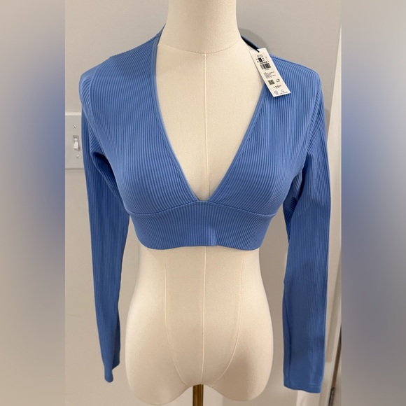 Garage Blue Deep V-Neck Ribbed Cropped Top - Picture 1 of 2